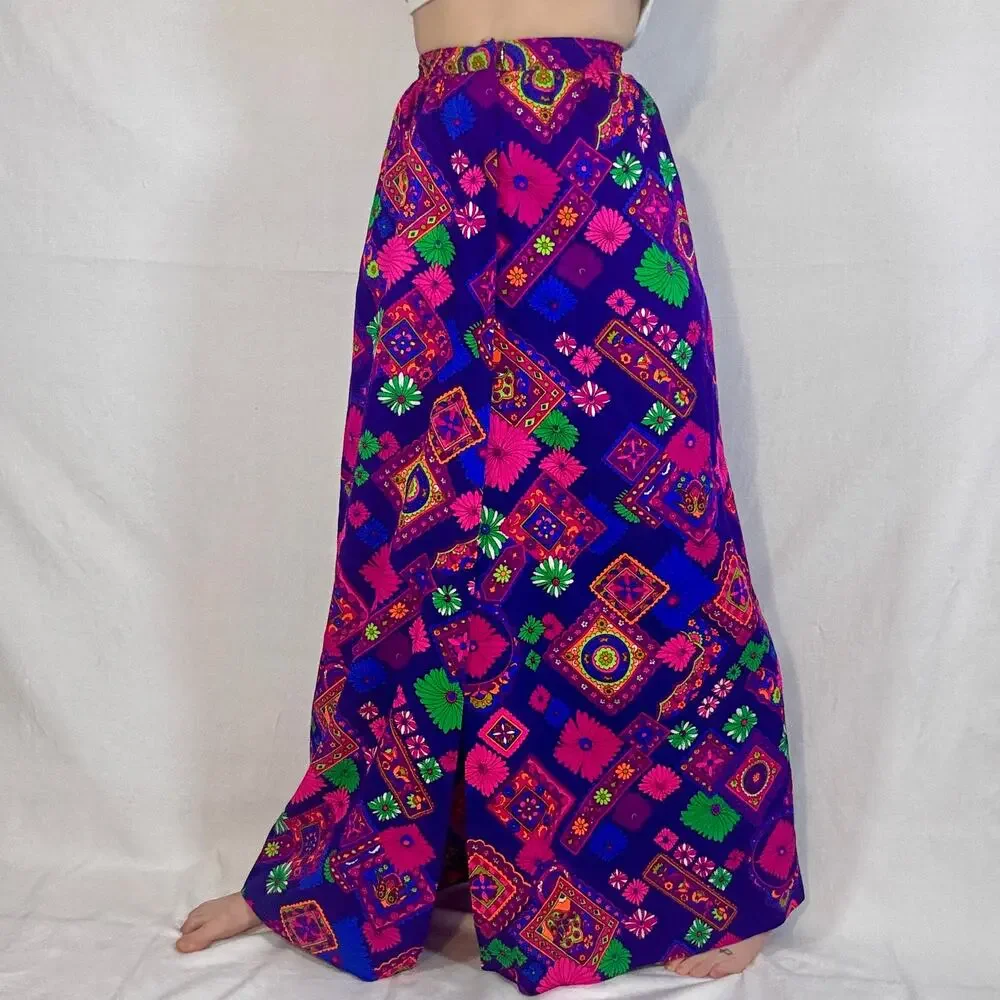 Vintage 1960s Tear Away Skirt Psychedelic Floral Print Purple Pink Green Neon